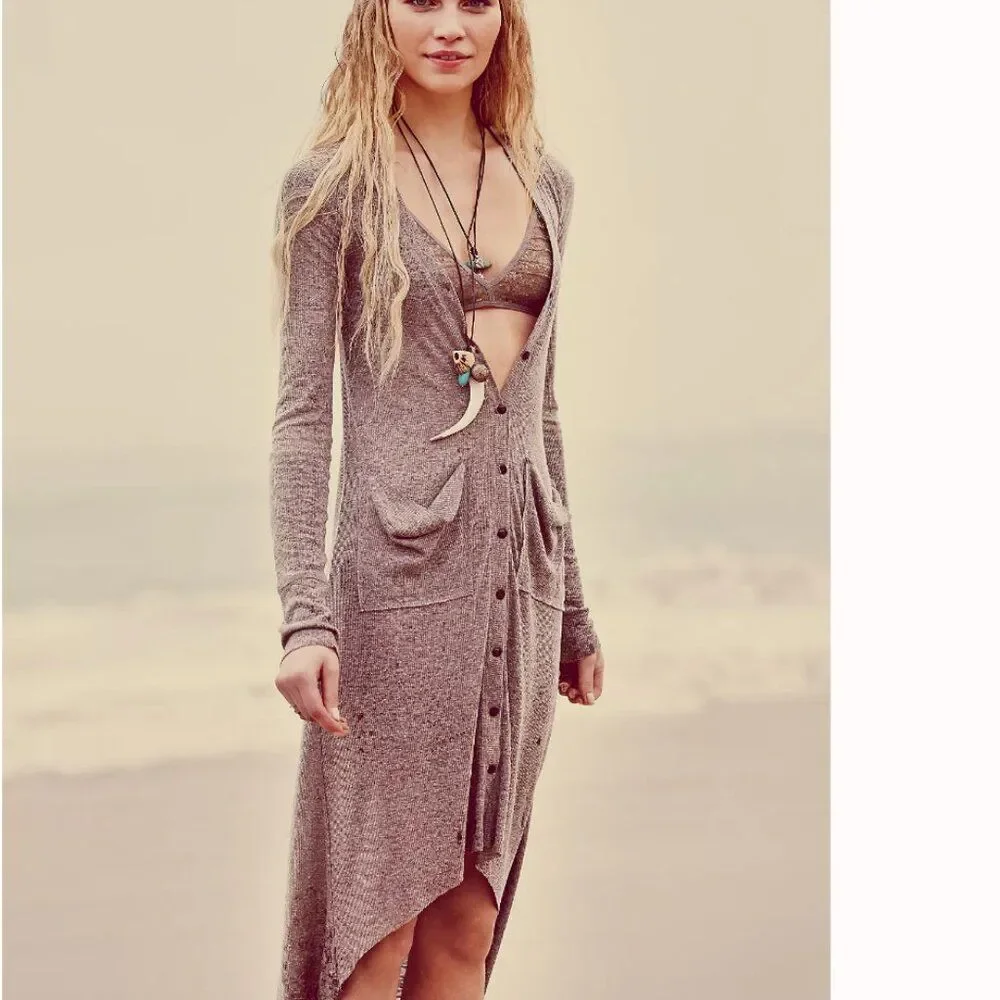 Free People Beach Ribbed Up Maxi Cardigan in Peach Size Medium